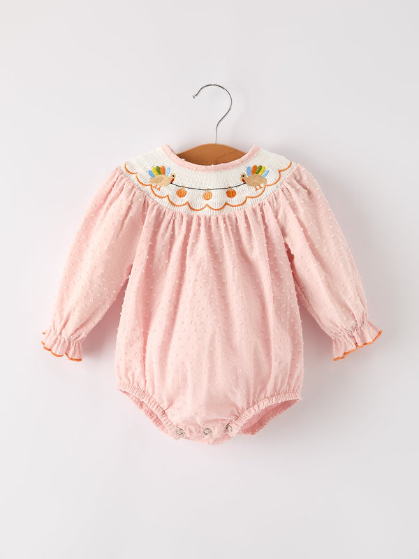 fall-thanksgiving-halloween-chicken-pumpkin-smock-embroidery-baby-girl-romper Rylee-Faith-Designs-Sophia's StyleRomper-1